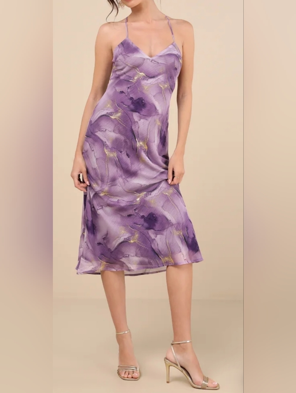 Purple Abstract Print Chiffon Slip Midi Dress